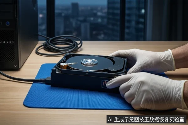 木质桌面上铺着蓝色防静电垫,垫子上平放一块打开外壳的机械硬盘,露出盘片与磁头组件。一双戴白色手套的手正扶握硬盘两侧,左侧盘绕着一根黑色线缆,背景为模糊的窗户和城市夜景。