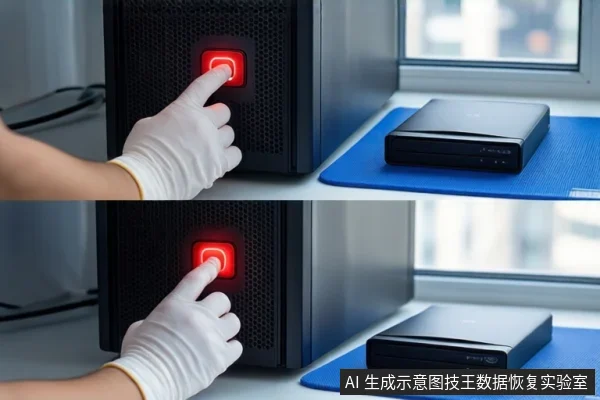 戴白手套的手正在按压黑色主机正面亮红灯的电源按钮,右侧蓝色防静电垫上平放一个黑色外接硬盘盒,背景为模糊的窗户。