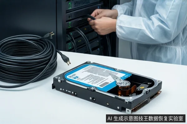 洁净室白色桌面上，前景平放一块打开外壳的机械硬盘，左侧盘绕一根黑色线缆。背景中一名穿无尘服的技术人员正在操作服务器机柜。