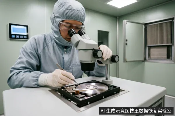 画面展示了一名身穿全套无尘防护服的技术人员,在洁净室环境中使用立体显微镜检查已拆解的机械硬盘。他佩戴护目镜和手套,正用工具操作裸露的磁盘与磁头组件,体现了专业数据恢复机构在受控环境下对存储介质进行物理评估的场景。