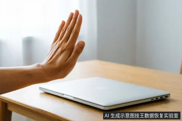 一只手掌在闭合的笔记本电脑前做出停止手势,示意拒绝操作或中断连接。背景为木质桌面和柔和光线,强调在数据故障时立即停止使用设备、避免写入数据的保护原则。