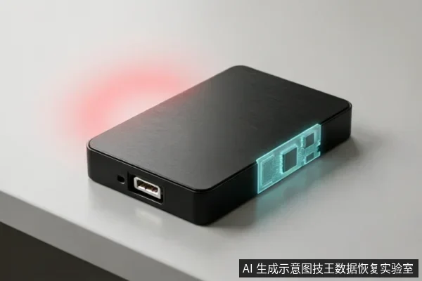 图片展示了一个放置在白色台面上的黑色移动硬盘。设备侧面有一个发着青蓝色光芒的半透明芯片结构图示,机身左上方投射出红色光晕,象征硬件故障或异常状态。