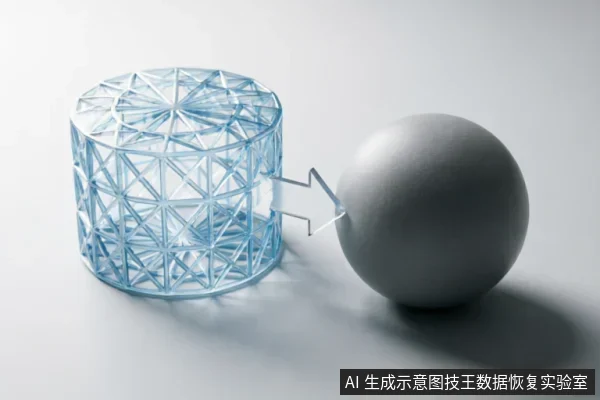 一个灰色球体正被推入一个半透明的蓝色几何网格圆柱体中,两者通过金属连接件相连。画面呈现抽象的3D概念风格,无具体硬件细节或文字,象征数据进入受保护空间或专业隔离环境。