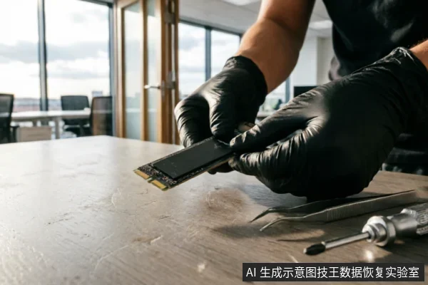 画面展示了一双戴着黑色防静电手套的手,正拿持一块M.2接口的固态硬盘。木质工作台上放置着金属镊子和精密螺丝刀等维修工具,背景为明亮的办公环境,体现了专业数据恢复或硬件检测的操作场景。