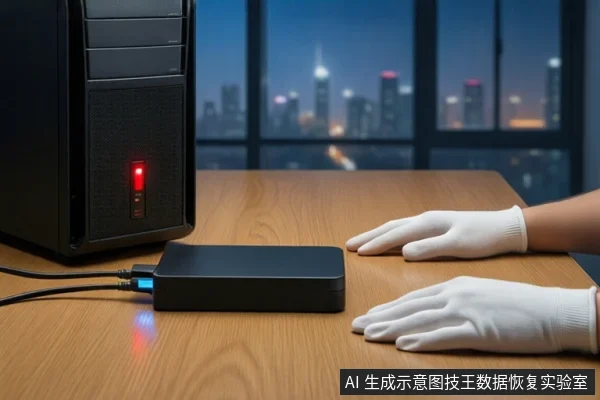 木质桌面上,左侧竖立一台黑色塔式主机,正面电源按钮亮红灯。前景平放一个黑色外接硬盘盒,连接着蓝色USB线。右侧一双戴白手套的手平放在桌边。背景为模糊的窗户和城市夜景。