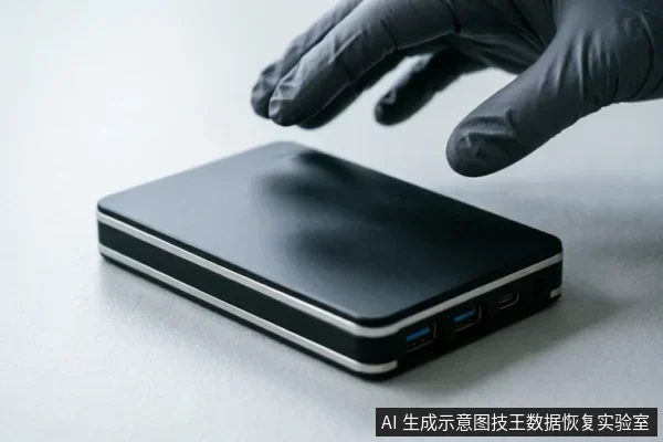 一只戴着黑色防护手套的手悬停在黑色移动硬盘上方,未接触设备。硬盘侧面可见USB及Type-C接口,置于洁净灰白背景中,体现专业环境下的硬件检查或物理级数据恢复场景。