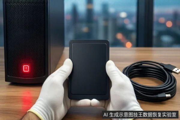 木质桌面上,左侧竖立一台黑色塔式主机,正面电源按钮亮红灯。前景一双戴白手套的手持握一块闭合的黑色移动硬盘。右侧盘绕着一根黑色USB数据线。背景为模糊的窗户和城市夜景。
