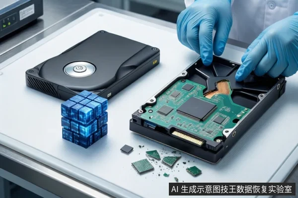 白色桌面上,左侧平放一块闭合的黑色硬盘,右侧一块打开外壳的硬盘露出绿色电路板。前景一双戴蓝色手套的手正在操作电路板,旁边有蓝色立方体图标和散落的芯片碎片。