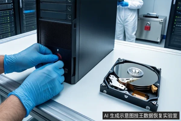 洁净室白色桌面上，戴蓝色手套的双手正按压黑色塔式主机正面的红色电源按钮，右侧平放一块打开外壳的机械硬盘，背景为模糊的服务器机柜和一名穿无尘服的技术人员。