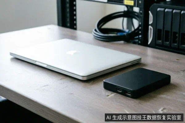 木质桌面上放置着一台闭合的银色笔记本电脑,旁边连接着一个黑色的便携式移动硬盘盒。背景可见服务器机架及整理好的黑色线缆,整体呈现出专业数据恢复或硬件检测的工作环境。