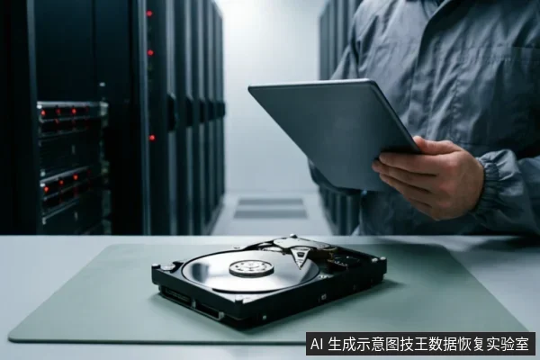 服务器机房背景下,桌面上放置着一台打开盘盖的机械硬盘,清晰展示内部磁盘与磁头结构。背景中一人手持平板电脑正在查看数据,体现对存储介质现状的专业评估与检测场景。