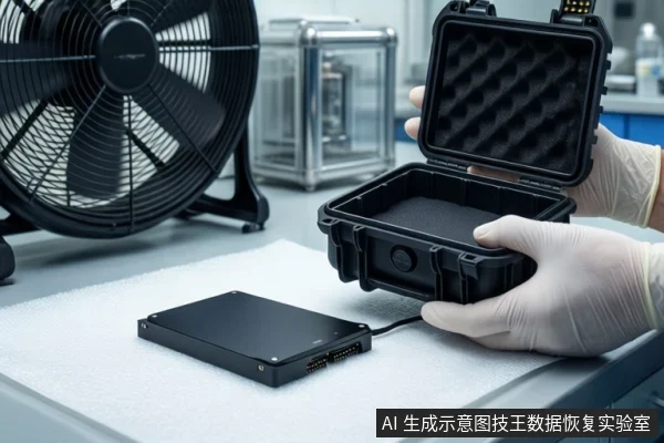 实验室台面上,一双戴白色手套的手正握持一个打开的黑色防震箱,箱内为空。左侧平放一块黑色固态硬盘,背景可见一台黑色工业风扇和金属设备。