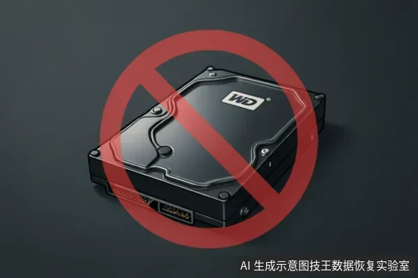 画面展示了一块黑色的WD品牌机械硬盘,硬盘表面覆盖着一个巨大的红色禁止符号(圆圈加斜杠),直观地表达了“禁止通电”或“停止操作”的含义。