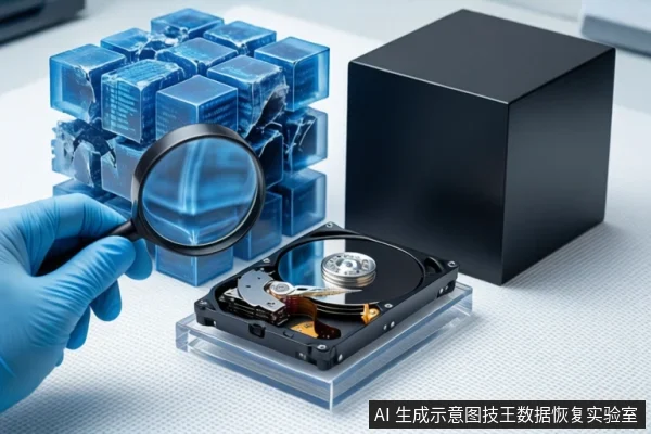 白色桌面上,左侧蓝色立方体阵列部分破碎,右侧黑色方盒,中间透明底座上平放一块打开外壳的机械硬盘,前景一只蓝色手套持放大镜观察。