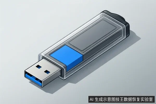 一个透明外壳的U盘斜放在浅灰色背景上，前端为蓝色内芯的USB接口，主体可见灰色存储模块与蓝色连接块。