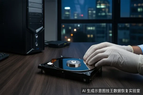 木质桌面上,左侧竖立一台黑色塔式主机,前景一只戴白手套的手正在按压一块打开外壳的机械硬盘,背景为模糊的窗户和城市夜景。