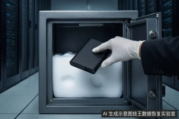 机房环境中，一个灰色金属防震箱门打开，内部白色泡沫垫上平放一块黑色硬盘。右侧一只戴白色手套的手正握持另一块黑色硬盘，悬停在防震箱上方。背景为模糊的服务器机柜。