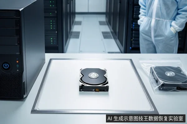 洁净室白色桌面上,左侧竖立一台黑色塔式主机,电源按钮亮蓝光。中间防静电垫上平放一块打开外壳的机械硬盘,右侧透明防静电袋内装有一块闭合硬盘。背景中一名穿无尘服的技术人员站在服务器机柜旁。