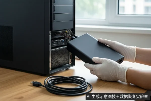 木质桌面上放置一台侧板打开的黑色台式主机,内部可见主板和硬盘位。右侧一双戴白色手套的手正握持一个黑色硬盘盒,将其对准主机内部接口。左侧桌面上平放一卷黑色USB线缆,背景为模糊的窗户。