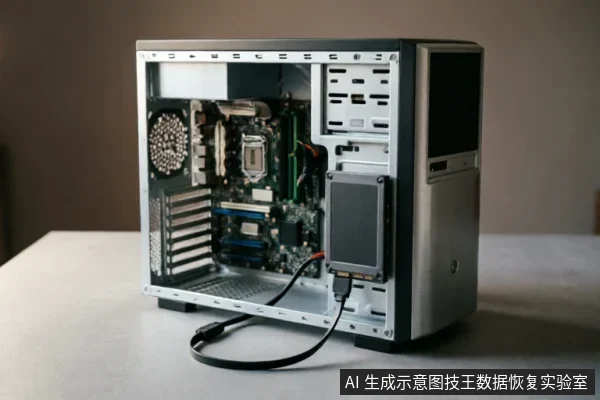 一台侧板已移除的台式电脑机箱,内部主板清晰可见。一块硬盘通过数据线连接在机箱外部,未安装进硬盘位,直观展示了检查外部连接链或进行只读评估时的硬件状态。