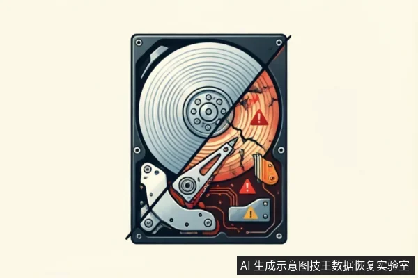 一张机械硬盘内部结构的插画,画面被一条对角线分割。左上部分显示完好的磁盘盘片与磁头臂;右下部分呈现盘片严重碎裂、电路板烧毁及红色警告标志,象征硬件损坏或数据危险状态。