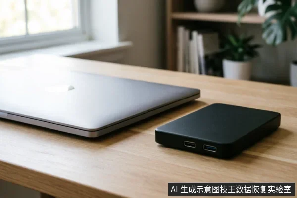 一张木质办公桌上放置着一台闭合的银色笔记本电脑和一个黑色的外接移动硬盘。移动硬盘侧面清晰可见USB-C和USB-A接口,背景为模糊的书架与绿植,光线明亮自然,呈现出典型的桌面办公场景。