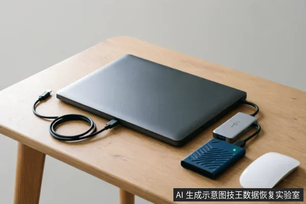 木质桌面上放置一台闭合的深灰色笔记本电脑，侧面通过线缆连接着一个银色扩展坞。扩展坞上插有一个带有绿色指示灯的蓝色纹理移动硬盘，旁边放着一个白色无线鼠标，展示了典型的外部存储连接场景。