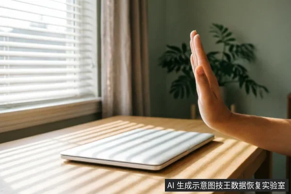 阳光透过百叶窗洒在木质桌面上,一台闭合的银白色笔记本电脑静置其上。画面右侧伸出一只手掌,掌心朝向电脑做出明确的“停止”手势,示意禁止操作或阻断连接。