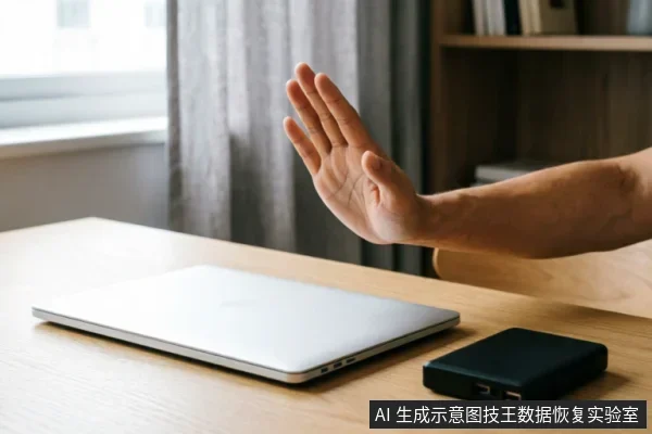 画面展示了一只手在木质桌面上做出明显的“停止”手势,手掌张开面向前方。桌上放置着一台闭合的银色笔记本电脑和一个黑色的外接移动硬盘。背景模糊,可见窗帘和书架,整体营造出拒绝操作或暂停使用的警示氛围。
