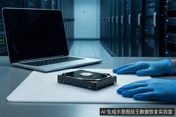 白色防静电垫上平放一块打开外壳的机械硬盘,左侧有一台打开的银色笔记本电脑,右侧一双戴蓝色手套的手平放在桌面上,背景为模糊的服务器机柜。
