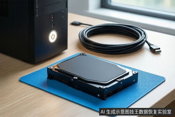 木质桌面上,左侧竖立一台黑色塔式主机,中间蓝色防静电垫上平放一块闭合的机械硬盘,右侧盘绕一根黑色线缆,背景为模糊的窗户。