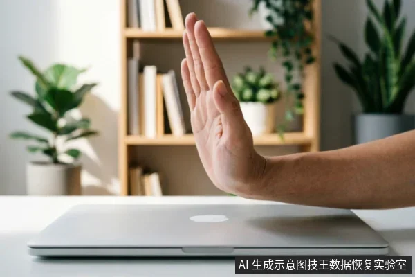 画面展示了一只手掌在闭合的银色笔记本电脑前做出“停止”手势,背景为模糊的书架和绿植。该图像通过肢体语言直观传达拒绝、止损或立即停止操作的警示含义。