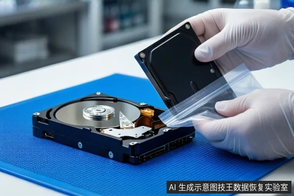 蓝色防静电垫上平放一块打开外壳的机械硬盘,露出盘片与磁头组件。右侧一双戴白色手套的手正握持一个透明自封袋,悬停在硬盘上方。背景为模糊的实验室环境。