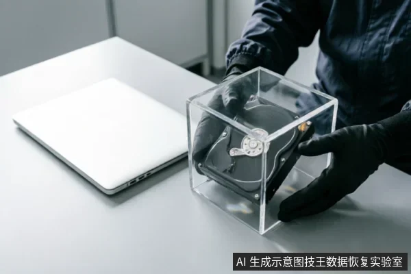 画面中一双戴着黑色防静电手套的手正托举着一个透明亚克力盒,盒内封装有一块机械硬盘。旁边桌面上放置着一台闭合的银色笔记本电脑。整体场景展示了专业环境下对存储介质的安全隔离与防护处理。