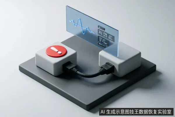 画面展示两个白色方形模块通过黑色线缆连接,左侧模块顶部有醒目的红色感叹号警示按钮,右侧模块上方悬浮显示波形图及数据界面的透明屏幕。整体象征硬件故障报警、信号异常或设备状态检测。