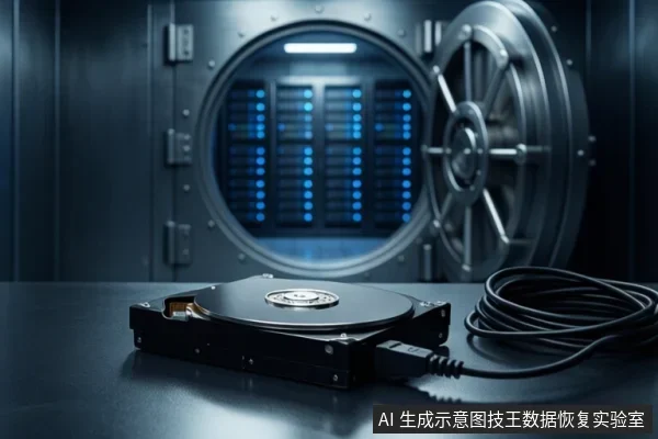 画面前景为放置在深色台面上的机械硬盘，连接着黑色线缆；背景为开启的圆形金属门，门内可见多排蓝色指示灯的存储设备。