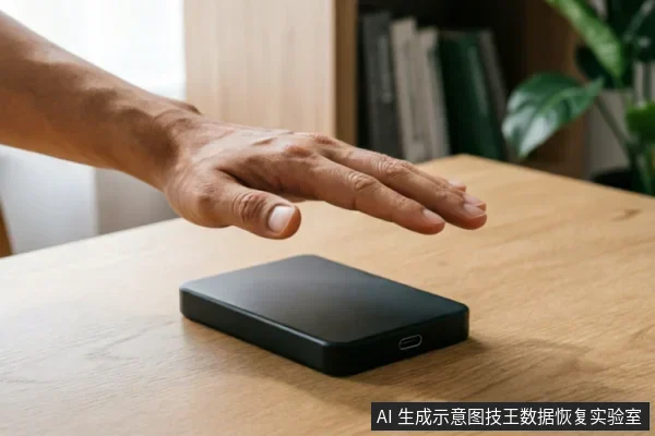 一只悬停在黑色移动硬盘上方的手,示意停止接触或通电操作。硬盘静置于木质桌面上,侧面可见接口,画面传达出在设备故障时保持冷静、避免进一步人为干预的止损理念。