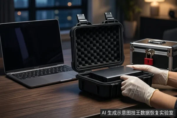 木质桌面上,左侧有一台打开的笔记本电脑,中间一个打开的黑色防震箱内平放一块黑色硬盘,前景一双戴白手套的手正在操作硬盘。右侧放置一个闭合的黑色金属箱,箱上挂有红色挂锁。
