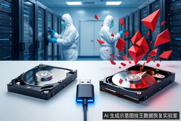 洁净室背景中，白色桌面上平放两块打开外壳的机械硬盘，中间连接一个发蓝光的USB接口，右侧硬盘上方有红色几何碎片飞溅。