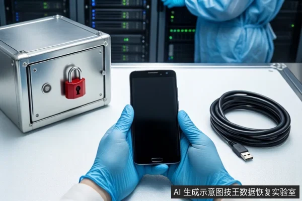 洁净室白色桌面上，戴蓝色手套的双手正持握一部黑色智能手机，左侧为挂有红色挂锁的银色金属防震箱，右侧盘绕一根黑色USB数据线，背景可见服务器机柜和穿蓝色无尘服的人员。