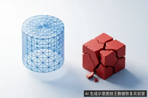 画面左侧为一个蓝色的线框圆柱体模型，右侧为一个表面布满裂纹且正在破碎的红色立方体块。两者置于白色背景上，通过几何形态的对比展示结构完整性与物理损坏的差异。