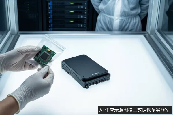 洁净室白色桌面上，前景一双戴白手套的手持透明防静电袋，袋内装有一块绿色电路板。右侧平放一个黑色外接硬盘盒。背景中一名穿无尘服的技术人员站在服务器机柜旁。