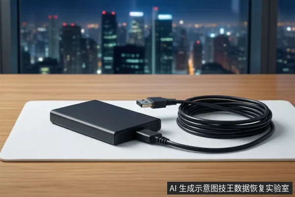 木质桌面上白色垫子中平放一块黑色移动固态硬盘,右侧盘绕一根黑色USB数据线,背景为模糊的城市夜景窗户。