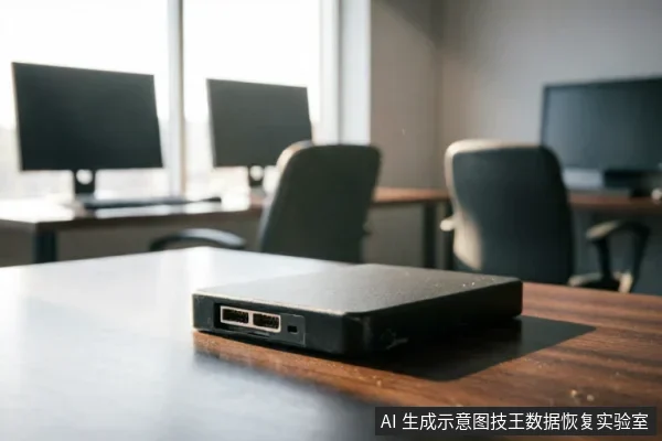 一张黑色外置移动硬盘放置在木质办公桌上，侧面清晰可见USB接口与电源插孔。背景为虚化的电脑显示器和办公椅，营造出典型的桌面办公环境，符合文中关于外部连接排查的场景描述。
