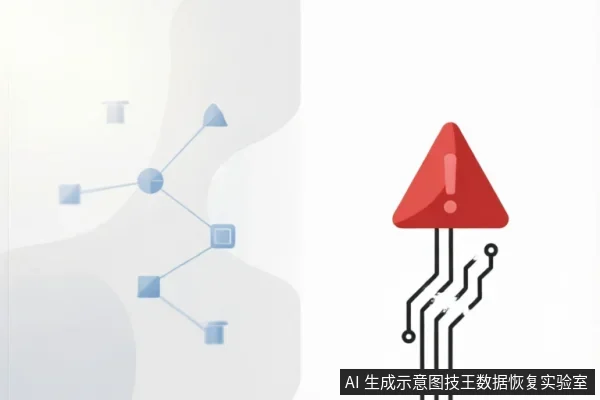 左侧为淡蓝色抽象网络节点连接图,右侧为一个红色三角形警告标志,其底部延伸出类似电路板的线条并出现断裂缺口。