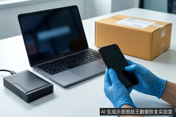 白色桌面上,左侧是一台银色笔记本电脑,中间是一个黑色外接硬盘盒,右侧是一双戴蓝色手套的手持握一部黑色智能手机。背景中有一个棕色纸箱。