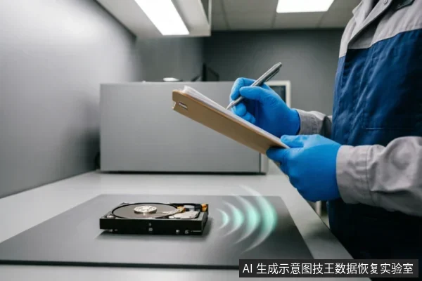 一名身穿工装、戴着蓝色手套的技术人员手持写字板和笔，正在记录数据。前景桌面上放置着一块打开盖板的机械硬盘，并绘有象征声音传播的波纹特效，示意对设备异响进行监听和状态记录。