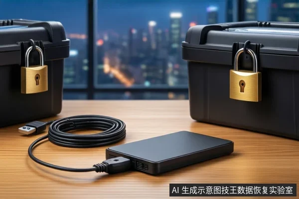 木质桌面上平放一个黑色移动硬盘,连接着一根盘绕的黑色USB线缆。左右两侧各有一个挂着金色挂锁的黑色防震箱,背景是模糊的城市夜景。画面中没有人员操作。