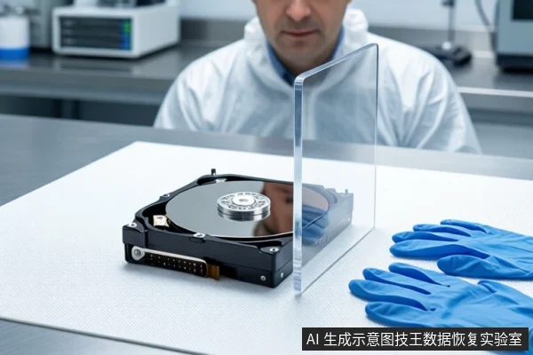 洁净室白色桌面上平放一块打开外壳的机械硬盘,右侧竖立透明亚克力罩,前景平放一双蓝色橡胶手套,背景为模糊的实验室设备和一名穿无尘服的技术人员。