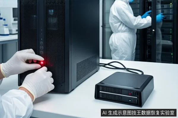 洁净室白色桌面上，左侧竖立一台黑色塔式主机，前景戴白手套的双手正在按压主机正面亮红灯的电源按钮。右侧平放一个黑色外接硬盘盒。背景中一名穿无尘服的技术人员正在操作服务器机柜。